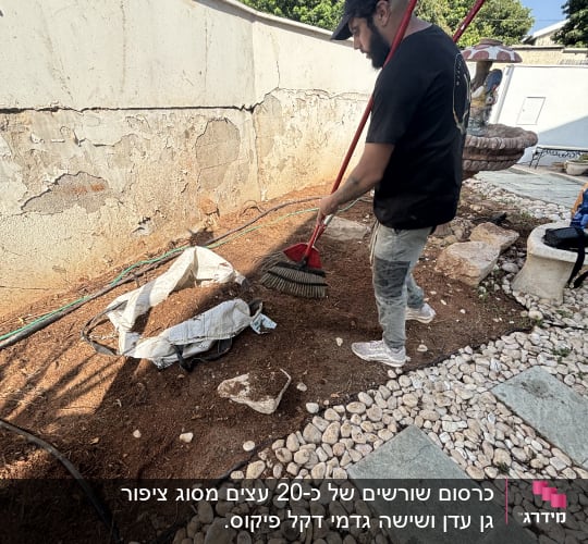 אדם עובד בגינה עם מגרפה, קרקע ואבנים